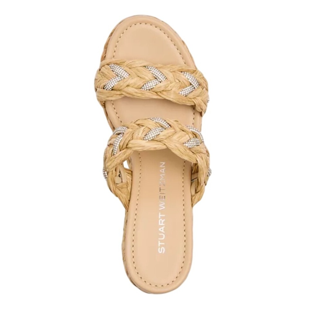 Stuart Weitzman Braided Raffia Crystal Wedge Sandals Natural Tan Women Size 8 - Picture 4 of 14